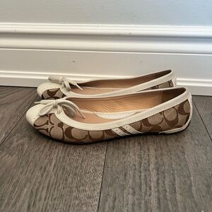 Coach Tan Signature Canvas Ballet Flats with White Trim